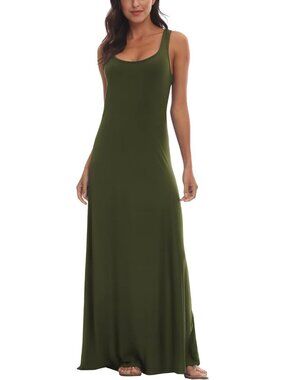 Women's Bright Olive Scoop Neck Sleeveless Summer Beach Tank Casual Maxi Dress